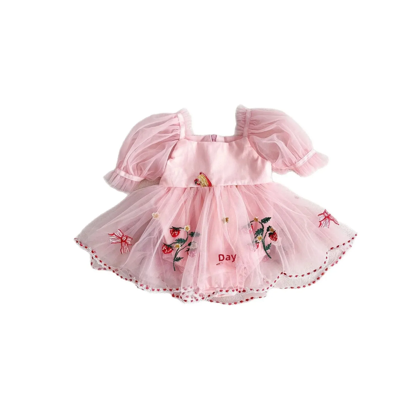 Spring Summer Embroidered Princess Onesie with Butterfly Knots And Bubble Sleeves Baby Girl Cotton Romper with Trousers