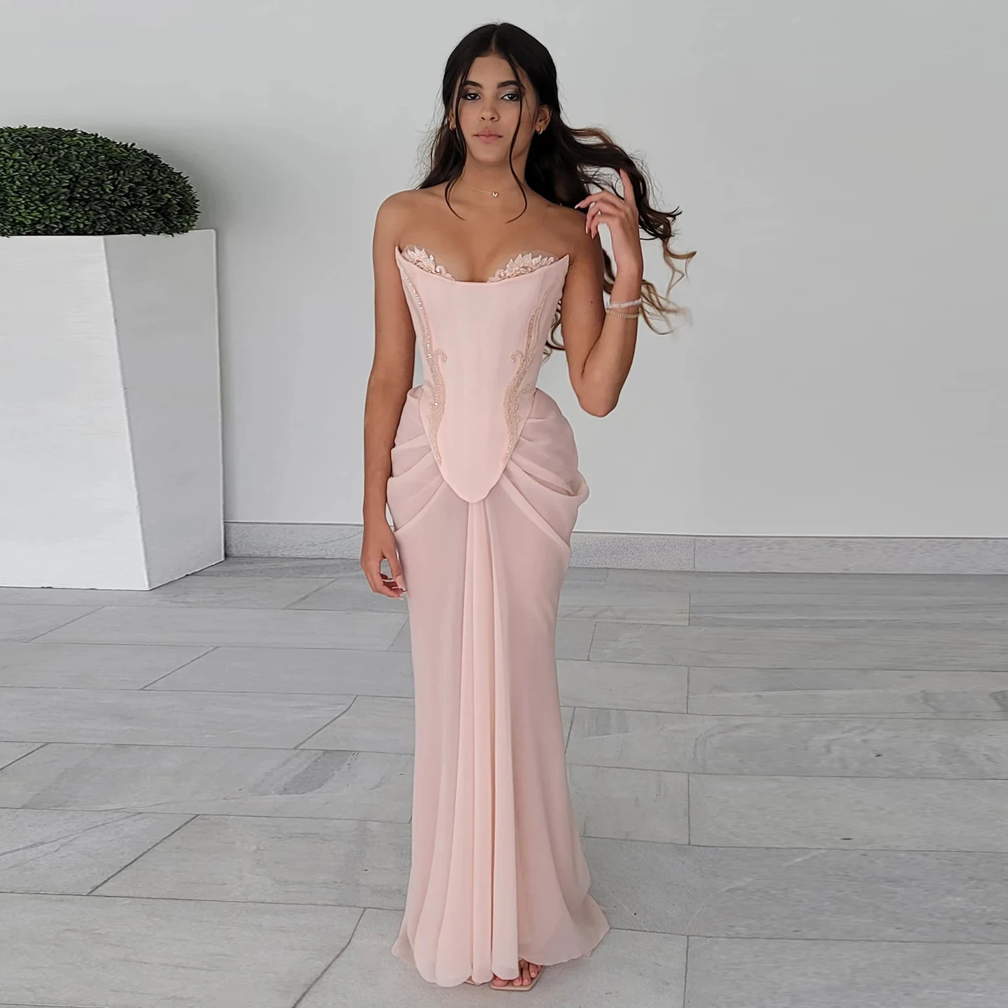 

Jancember Blush Pink Handmade Draped Chiffon Mermaid Evening Dresses Corset Beaded Wedding Formal Party Bridesmaid Dress Sz220