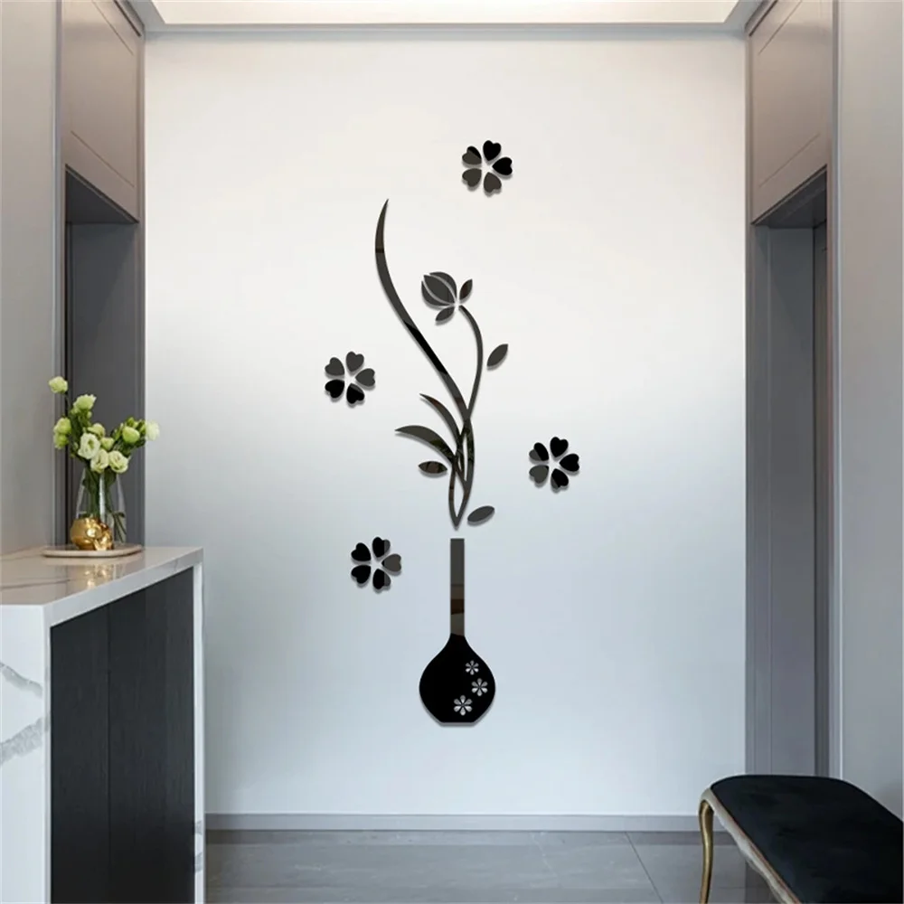 3D DIY Acrylic Mirror Stickers for Room Decoration Vase Flower Wall Decals Sticker Living Room Bedroom Wall Decor Home Sticker