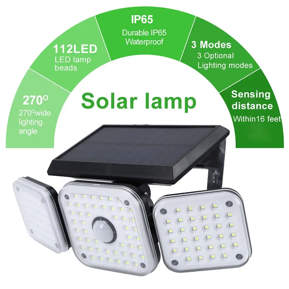 

Solar Lights Outdoor 112 LED Wall Lamp with Adjustable Heads Security LED Flood Light IP65 Waterproof with 3 Working Modes