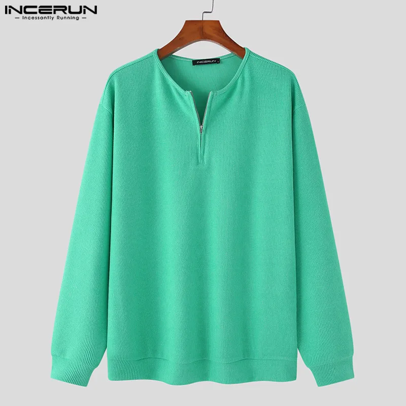 Korean Style Casual Simple Style Tops INCERUN Men Casual All-match Sweater Fashion Party Hot Sale Solid Semi-zip Pullovers S-5XL