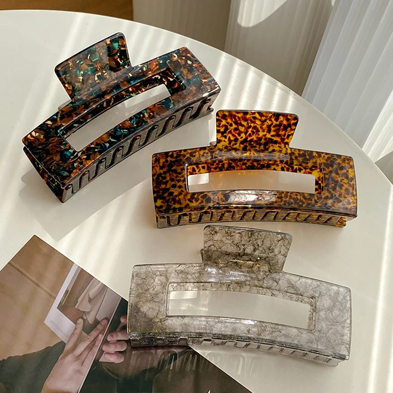 

Hot Sale Retro 13CM Jumbo Marble Hair Claw Hair Accessories Fashion Rectangle Hollow Acetate Shark Clip For Women Girls