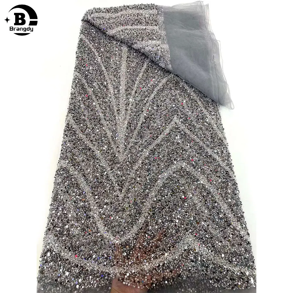 

Нигерийская Тяжелая кружевная ткань ручной работы из бисера, 2024 африканские Роскошные Блестки и жемчужины, сетчатая кружевная ткань для свадебного платья невесты