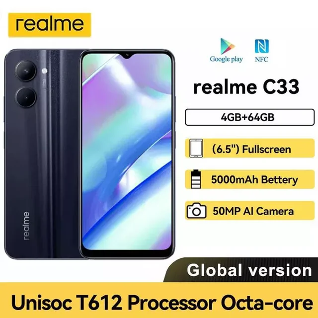 Telefon realme C33 potężny octa-core Unisoc T612 procesor 6.5 ''wyświetlacz  5000mAh bateria 50MP aparat telefon komórkowy - AliExpress