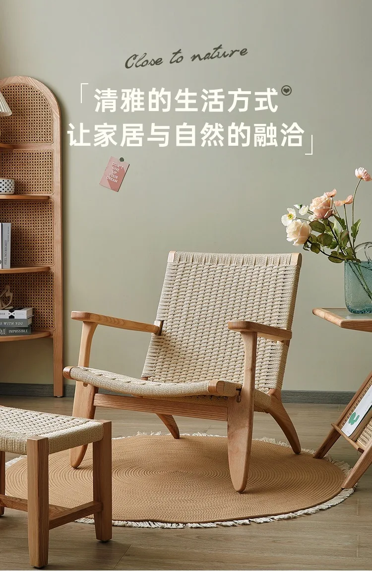 Description Picture 6 of itemSolid Wood Rattan Armchair Home Living Room Balcony Back Simple Single Sofa Lazy Chair Office Conference Room Furniture