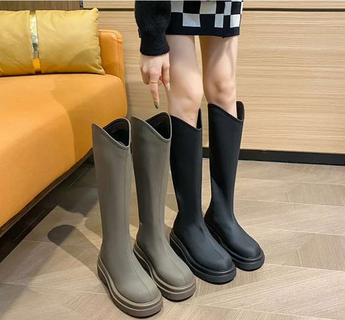 Lange Beine und mollige, neue MM2024-Ritterstiefel mit mattem Finish, nicht über das Knie reichende, warme Damenstiefel mit V-Ausschnitt und dicker Sohle_voghion.com