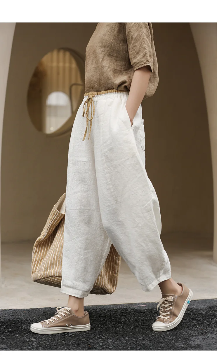 2022 Japan Style Summer Ladies Linen Loose Vintage Trousers Women Drawstring White Harem Pants Girl Oversized Pantalons MT88 crop pants for women