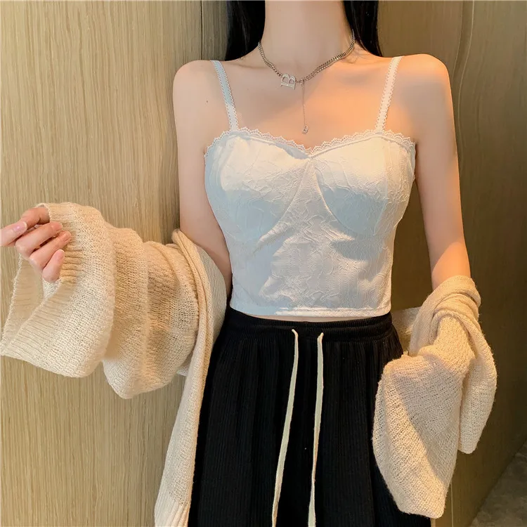 French Lace Suspender Vest Female with Chest Pad Inside Match Outside