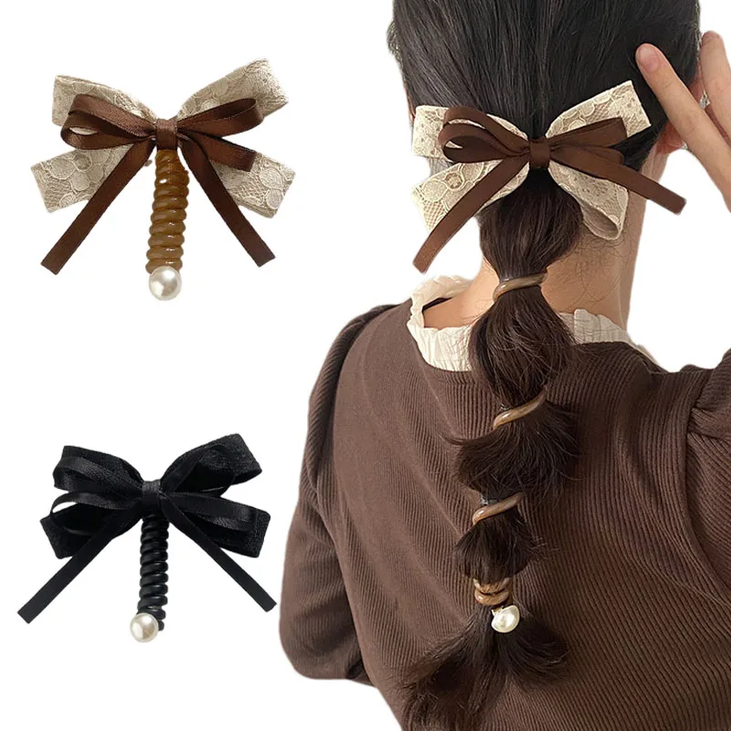 Bow Telephone Wire Hair Ties for Women Pearl Elastic Spiral Coil Hairbands Female Fashion Bubble Braid High Ponytail Accessories