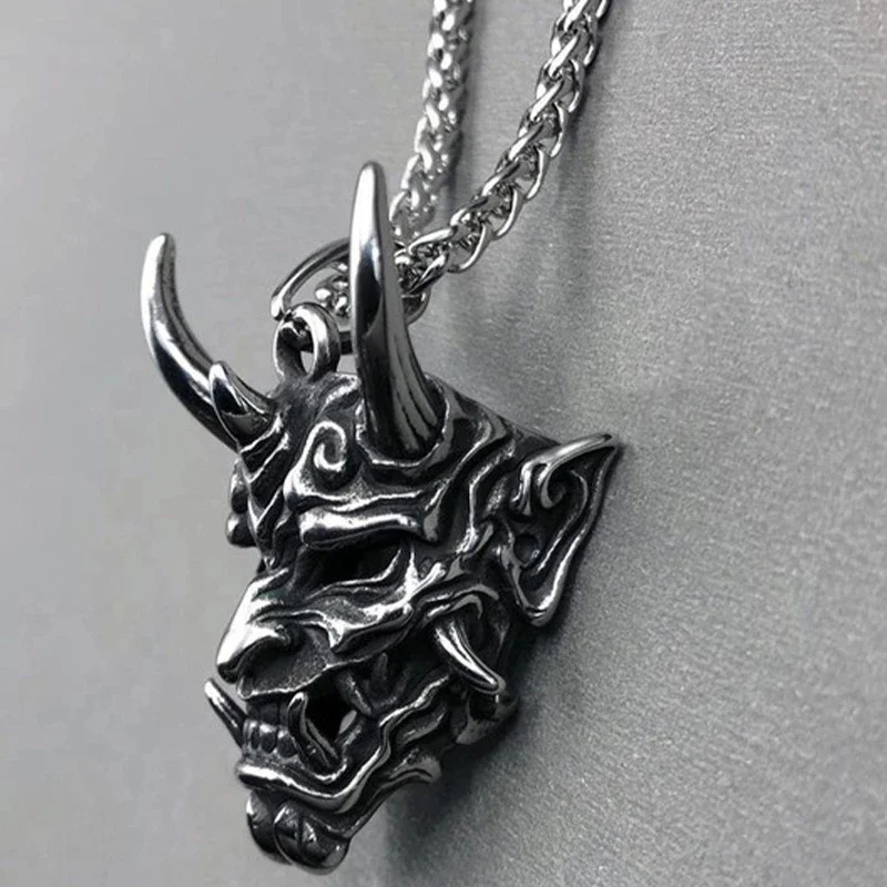 Gothic Anger Hannya Ghost Skull Mask Pendant Accessories Retro Jewelry Gift Necklace Samurai Devil Masks Neck Chain for Friend