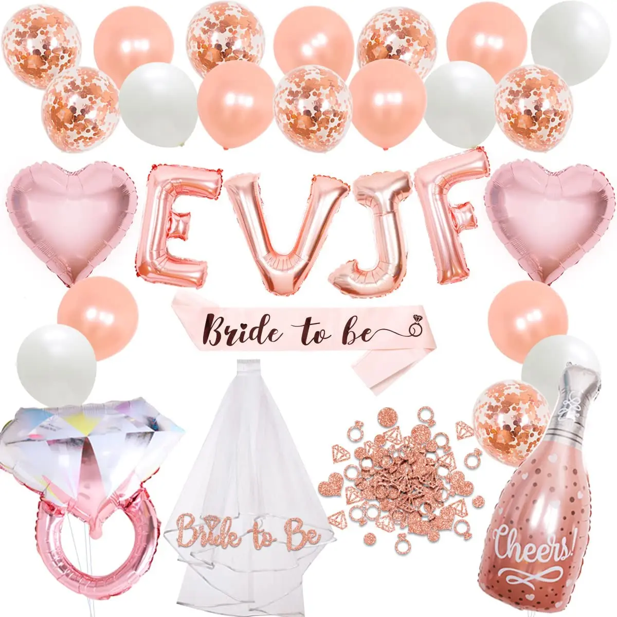 

Funmemoir Rose Gold EVJF Bride To Be Party Decorations EVJF Balloons Sash Bridal Veil Wedding Bachelorette Party Decor Supplies