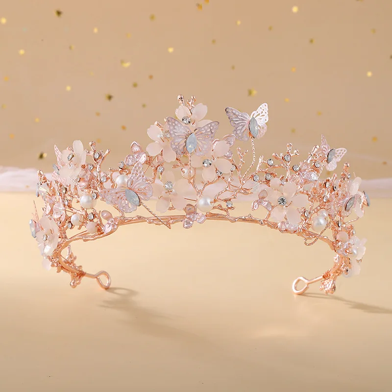 KMVEXO Baroque Butterfly Pearl Crystal AB Crown Tiara  display picture 3