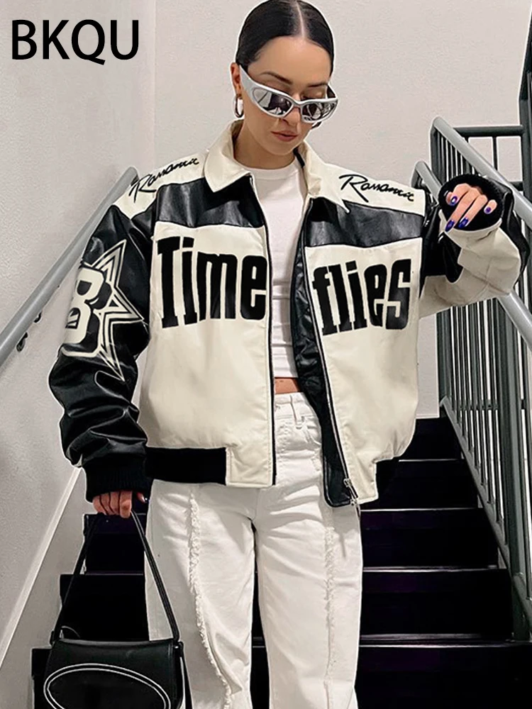 

BKQU Y2k, американские Кожаные Куртки из искусственной кожи для женщин, новинка 2023, контрастные цвета, лоскутные, с буквенным принтом, на молнии, мотоциклетная гоночная куртка, пальто