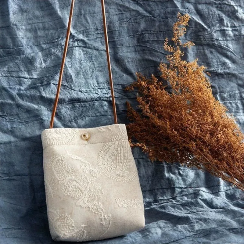 Beige Jacquard Embroidery Handbag Women Vertical Lightweight Mini Shoulder Bucket Bag Ladies Retro Casual Crossbody Bags Purse