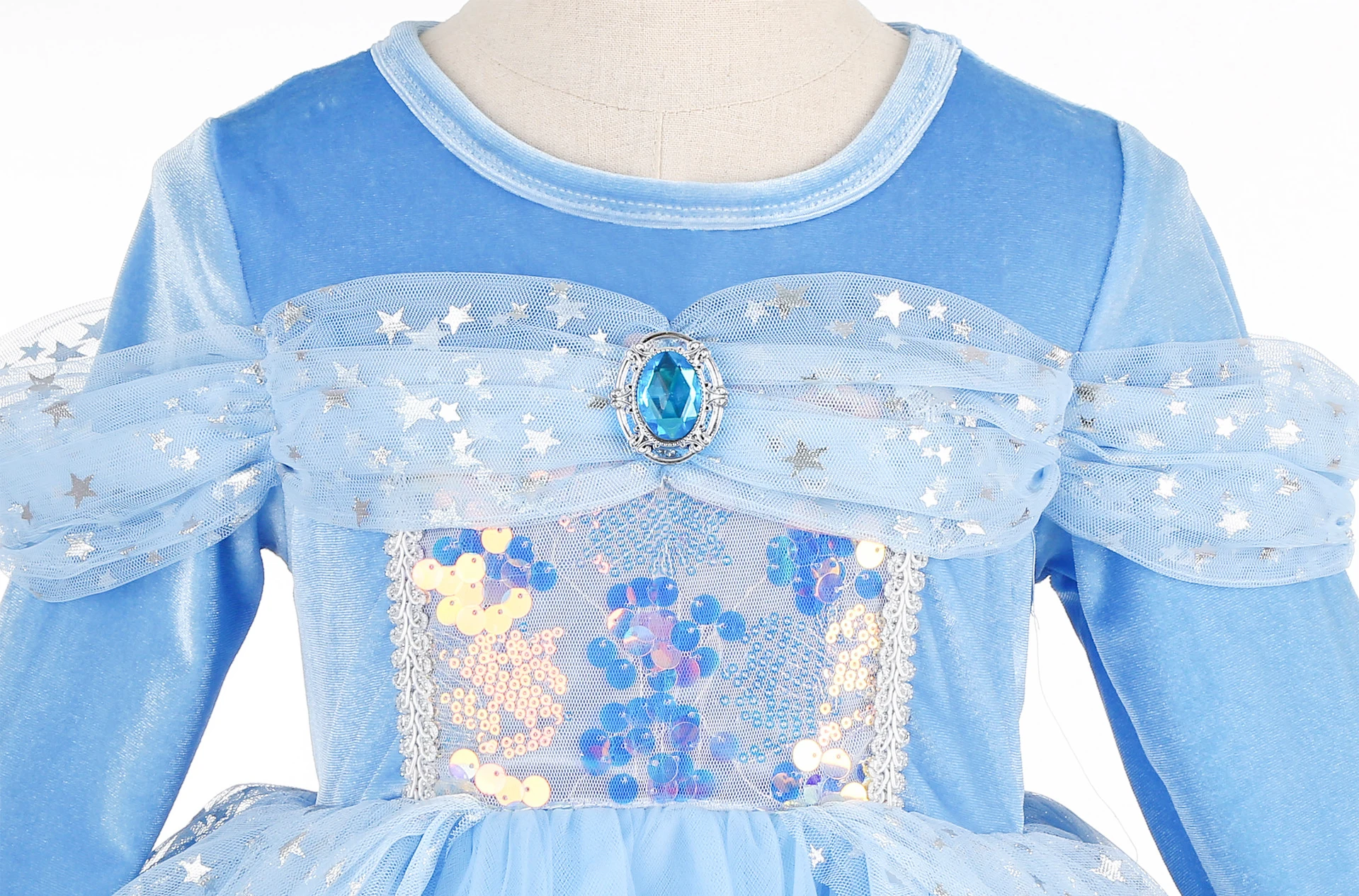Girl Cinderella Dress Long Sleeve Princess Cosplay Costume Blue Sequin Children Bithday Surprise Kids Ball Gown