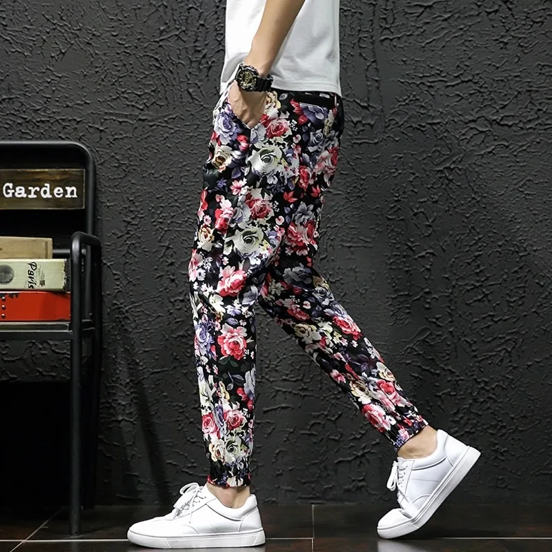 

Spring New Plus Size Men Trousers Loose Linen Floral Print Wide Leg Pants Hip Hop Casual Cotton Linen Bloomers Foot Pants