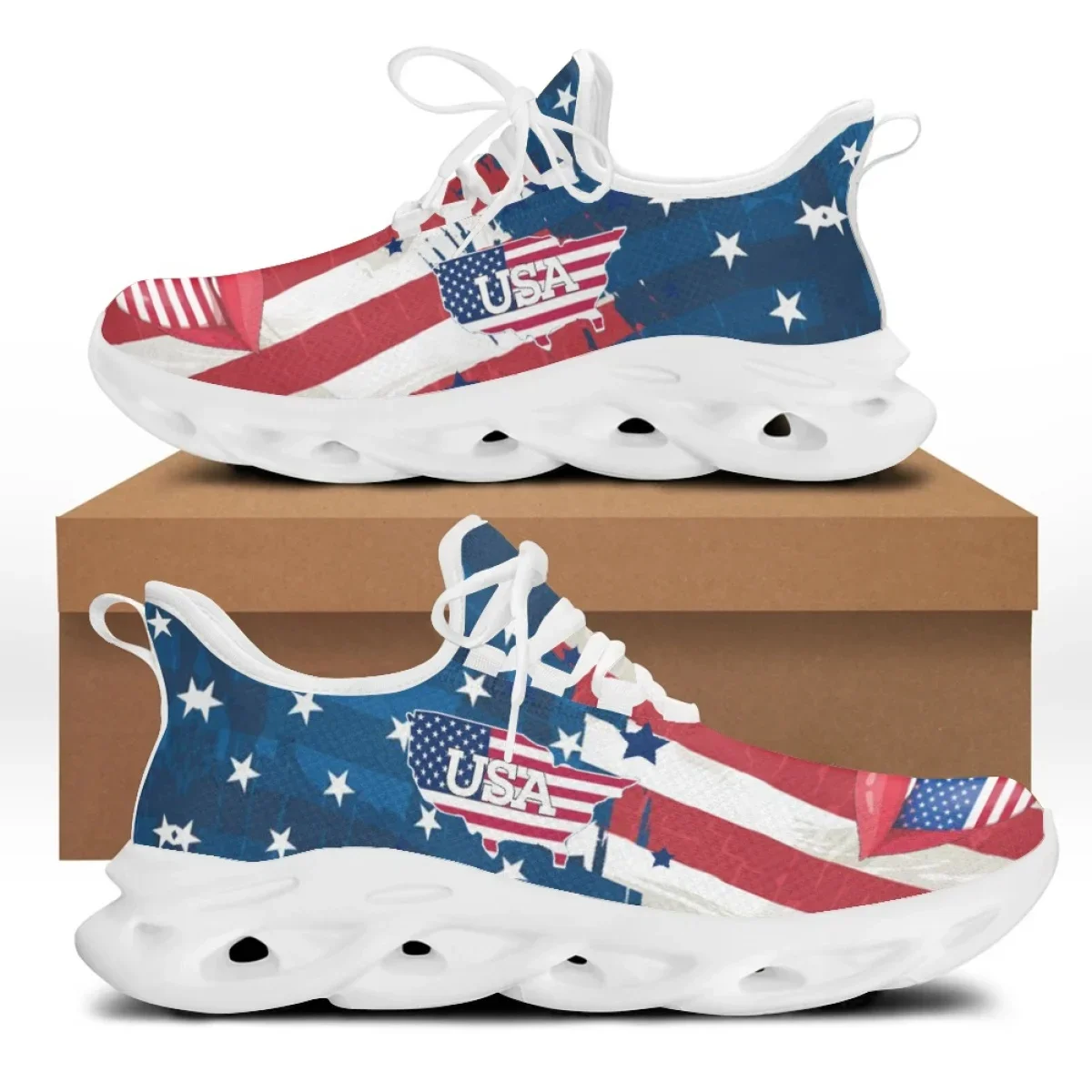 USA Flag Flat Mesh Shoe American Flag Custom Print Chunky Shoes Soft Sneakers National Design Zapatillas Running Hombre