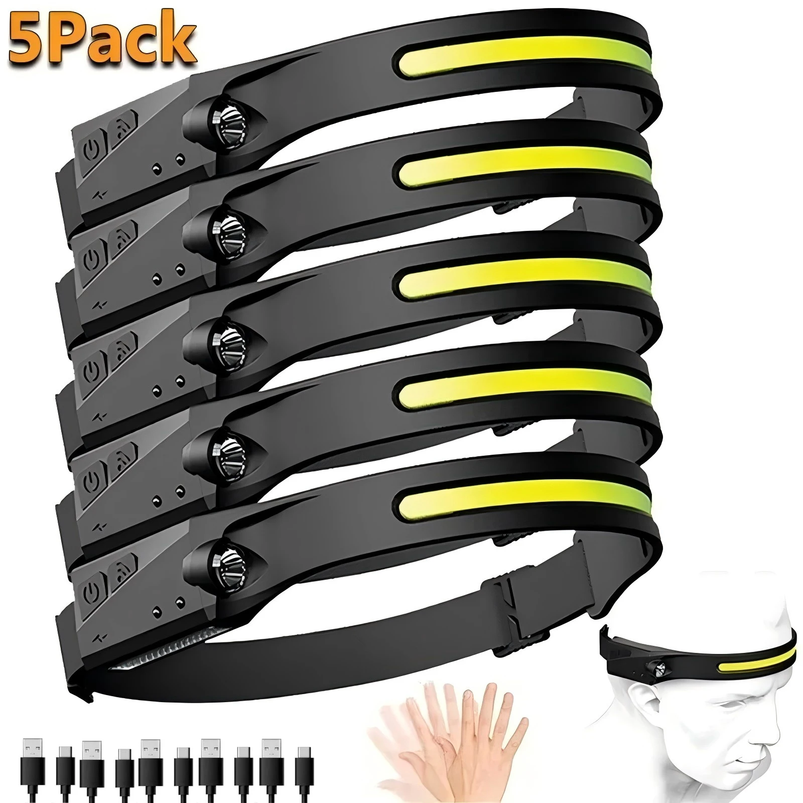 Sensor Headlamp LED Head Flashlight Rechargeable Headlight Head Torch Built-in Battery 5 Lighting Modes Fishing Camping Lantern