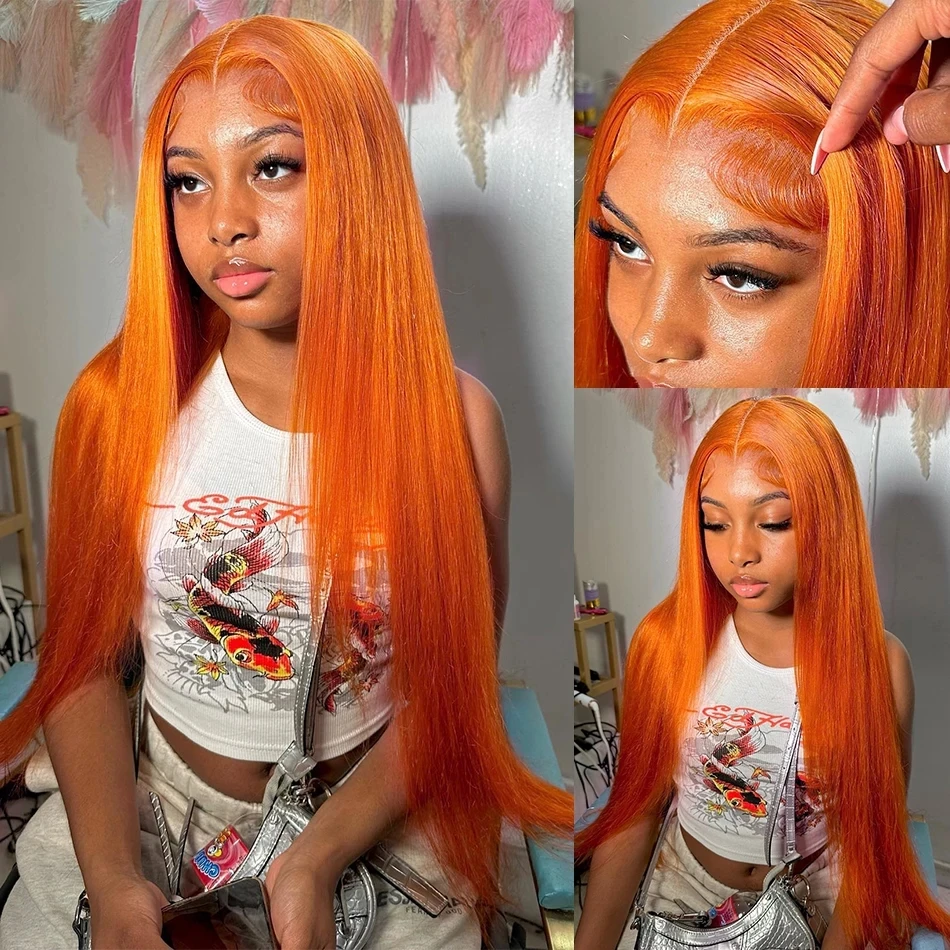 

Ginger Orange Lace Front Human Hair Wig 13x6 Bone Straight Bleached Knots Brazilian Remy 5x5 Human Hair Wigs PrePlucked Hairline