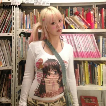 Karrram Japanese Y2k Anime Print T-shirt 2000s Aesthetics Long Sleeve Tee Shirt Vintage Harajuku V-neck White Tops Kawaii Lolita 1