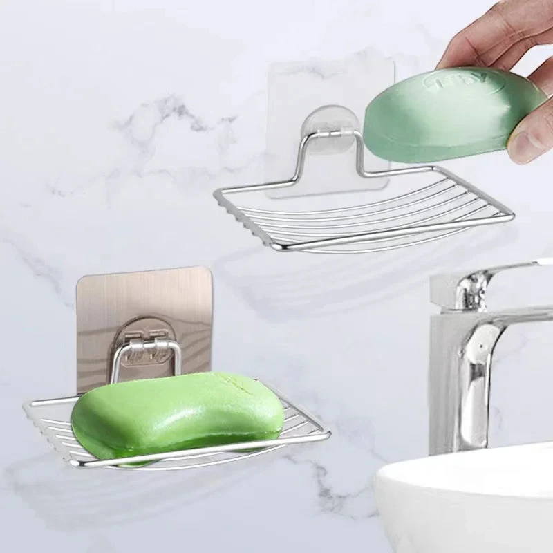 Stainless Steel No Punching Soap Holder Bathroom Wall-Mounted Soap Dish Holder Self Adhesive Kitchen Spong Storage Rack
