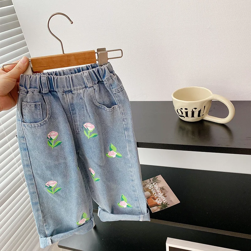 

Джинсы для девочек с эластичным поясом, Прямые хлопковые брюки для девочек с цветочным принтом, весна-осень 2024