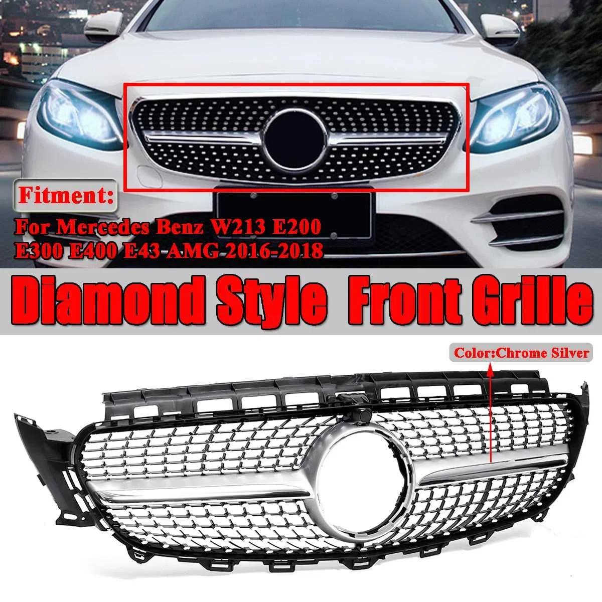 Nuovo W213 Gt Grill Auto Paraurti Anteriore Griglia Diamantata Griglie Per Mercedes Per Benz W213 E200 E300 E400 E43 Per Amg 2016-2018 Body Kit