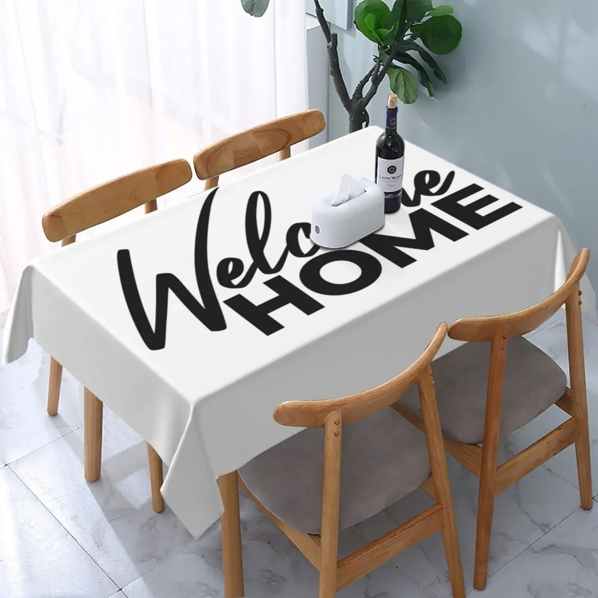 

Rectangular Fitted Welcome Home Table Cloth Oilproof Tablecloth 45"-50" Table Cover Backed with Elastic Edge