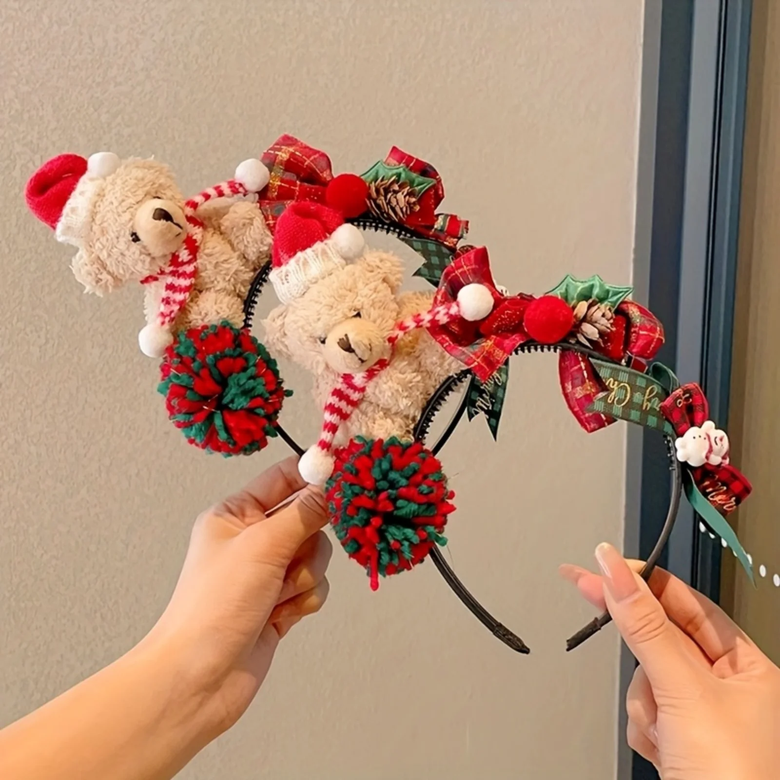 1PC Christmas Teddy Bear Headband, Plush Santa Hat Scarf Design, Festive Red Green Pom Poms, Cute Xmas Hair Accessory for Women