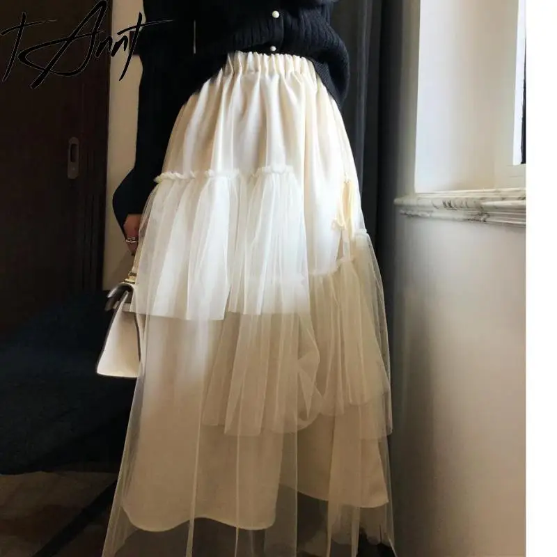 

Tannt Women Skirt Asymmetry High Waist Long Mesh Skirts Black Apricot Irregular Vintage Fashion Autumn And Winter Skirts 2023
