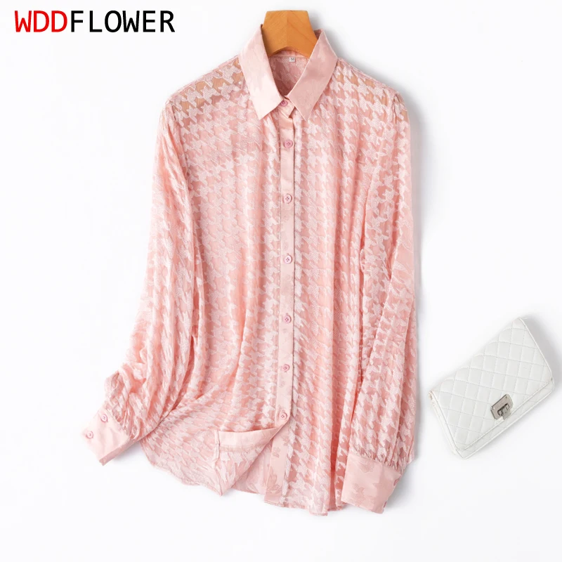 

Women Silk Shirt 100% Mulberry Silk Pink Jacquard Transparent Collared Buttons Down Long Sleeve Top Blouse M L XL M1130