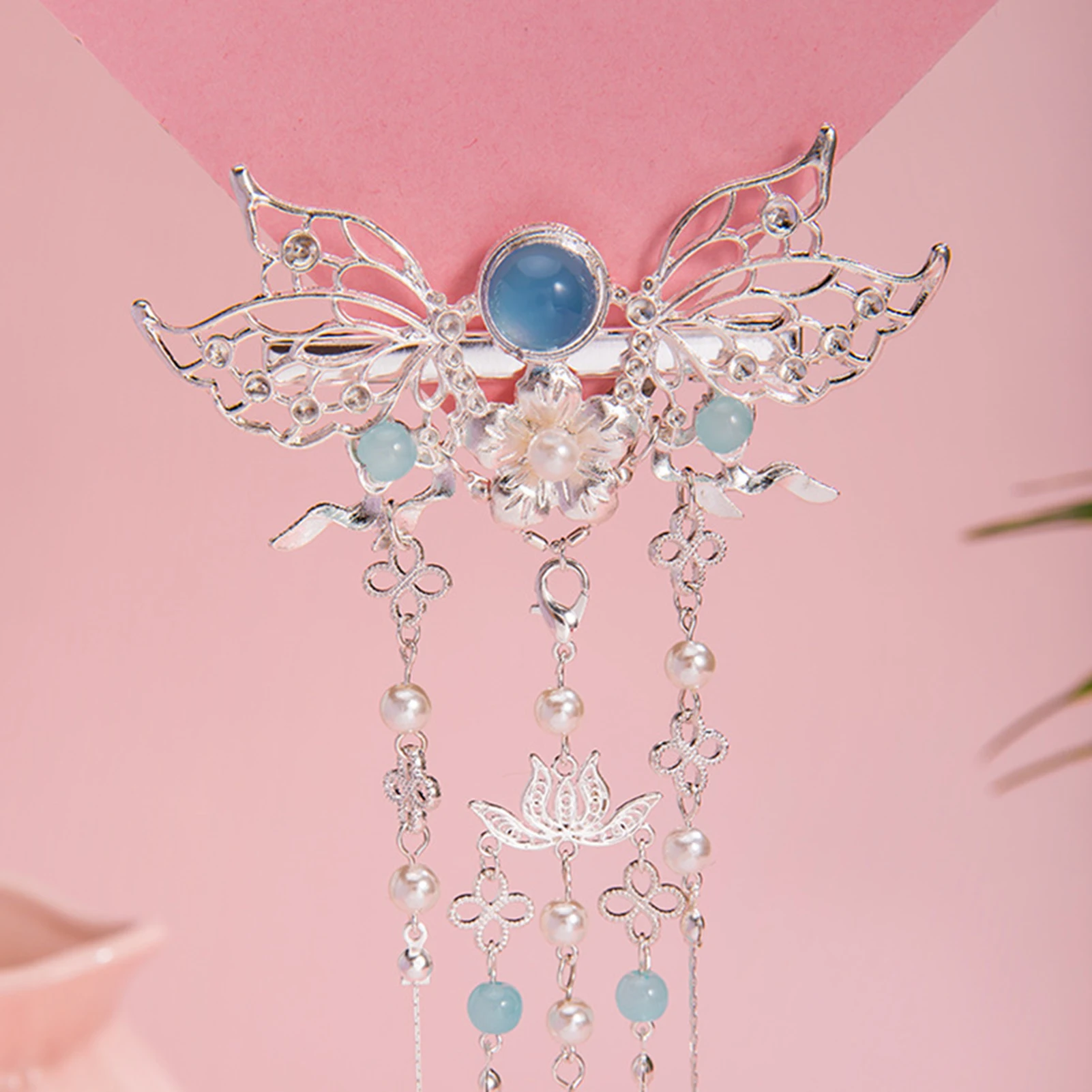 Han Chinese Hair Clips Long Tassel Headpiece For Women Vintage Blue Beads Tiaras Luxury Bride Hair Jewelry Retro Flower Hairpin jewelry set hair accessory hair clip hair headdress