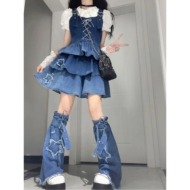 White Lace Puff Sleeve Shirt Bandage Pleated Denim Suspender Dress Women Y2k Sweet Lolita Dress Suit Plus Size