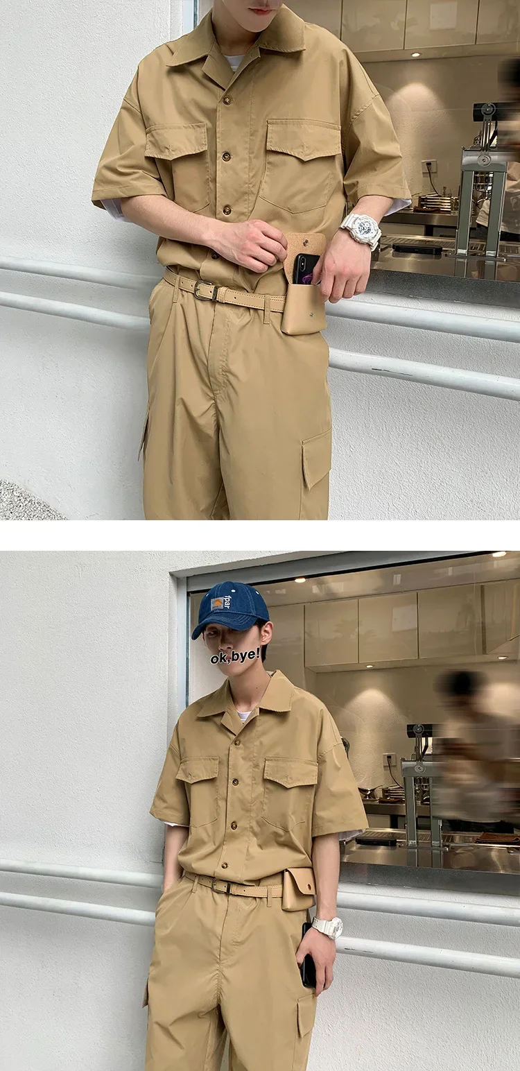 Description Picture 3 of itemMale Fashion with Leather Belt Bag Men Cargo Overalls Streetwear Korean Rompers Pockets Short Sleeve Button Jumpsuits Women Men