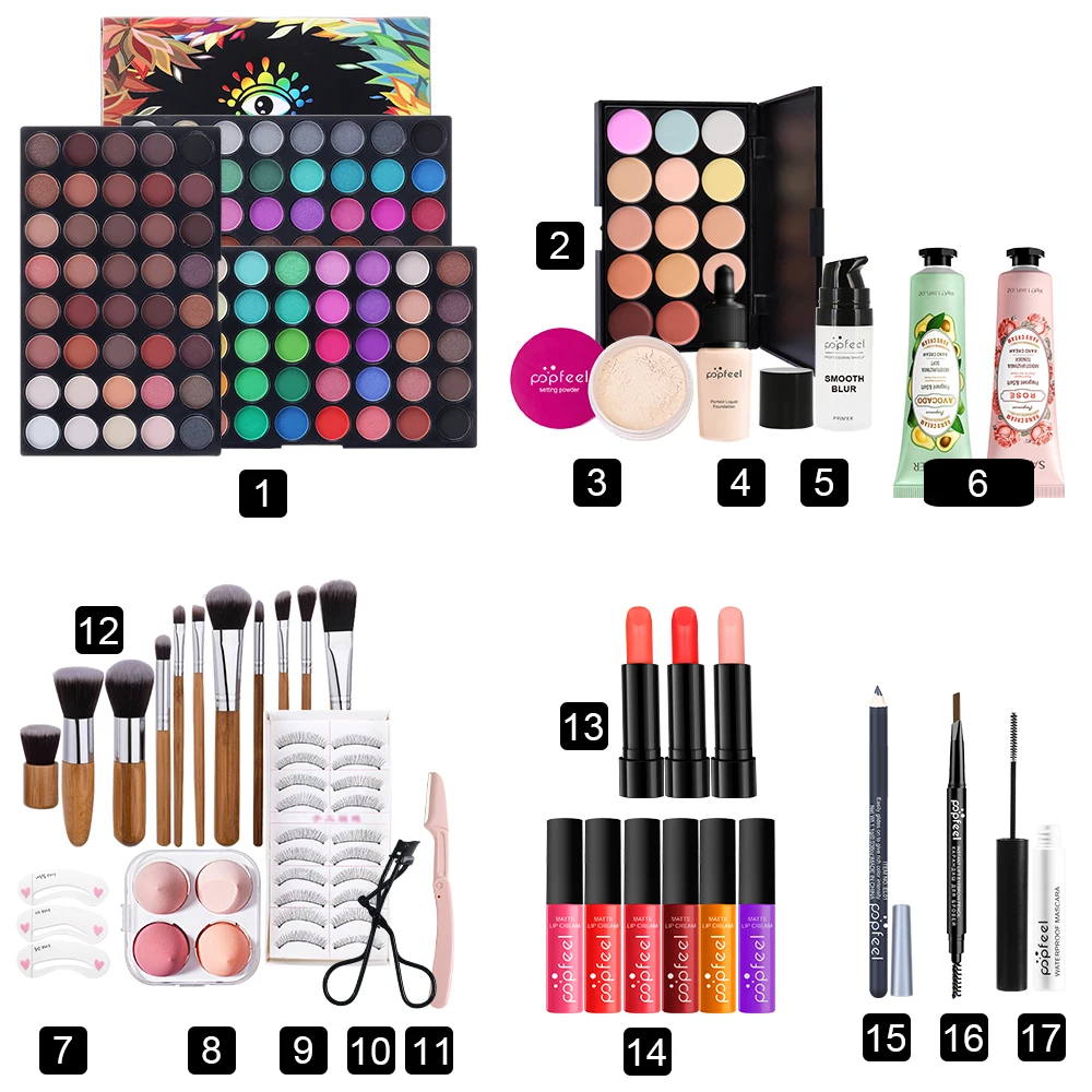 POPFEEL All-in-One Makeup Gift Set-Professional Makeup Brush Set, Eyeshadow Palette & Lip Gloss Kit, Holiday Gift Box for Begi
