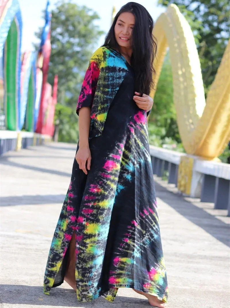 Fashion Casual Striped Print Long Dresses Women Bohemian V-neck Bat Sleeve Loose Slit Beach Dress Summer New Beachwear Vestidos 63 Fashion Casual Striped Print Long Dresses Women Bohemian V-neck Bat Sleeve Loose Slit Beach Dress Summer New Beachwear Vestidos