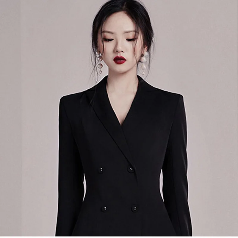 New Black lace Solid V-neck Double Breasted Suit Coat Dress Jacket Women Office Lady Blazer Women Coats Coat Women Dress