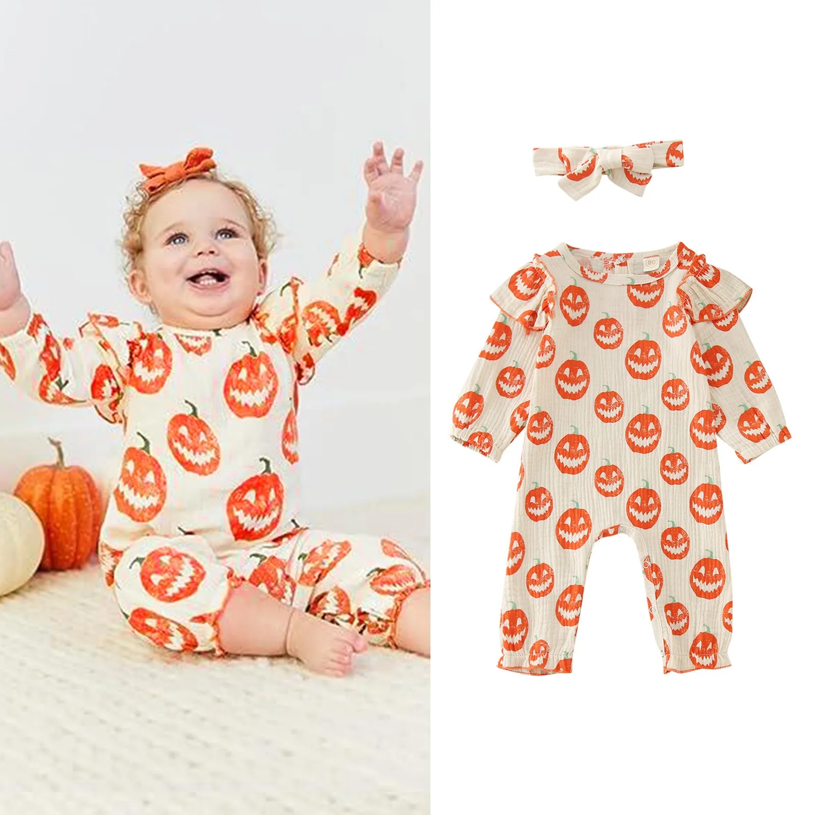 

0-24M Infant Baby Girls Halloween Romper Crew Neck Long Sleeve Pumpkin Print Jumpsuit With Headband Newborn 2Pcs Party Outfits