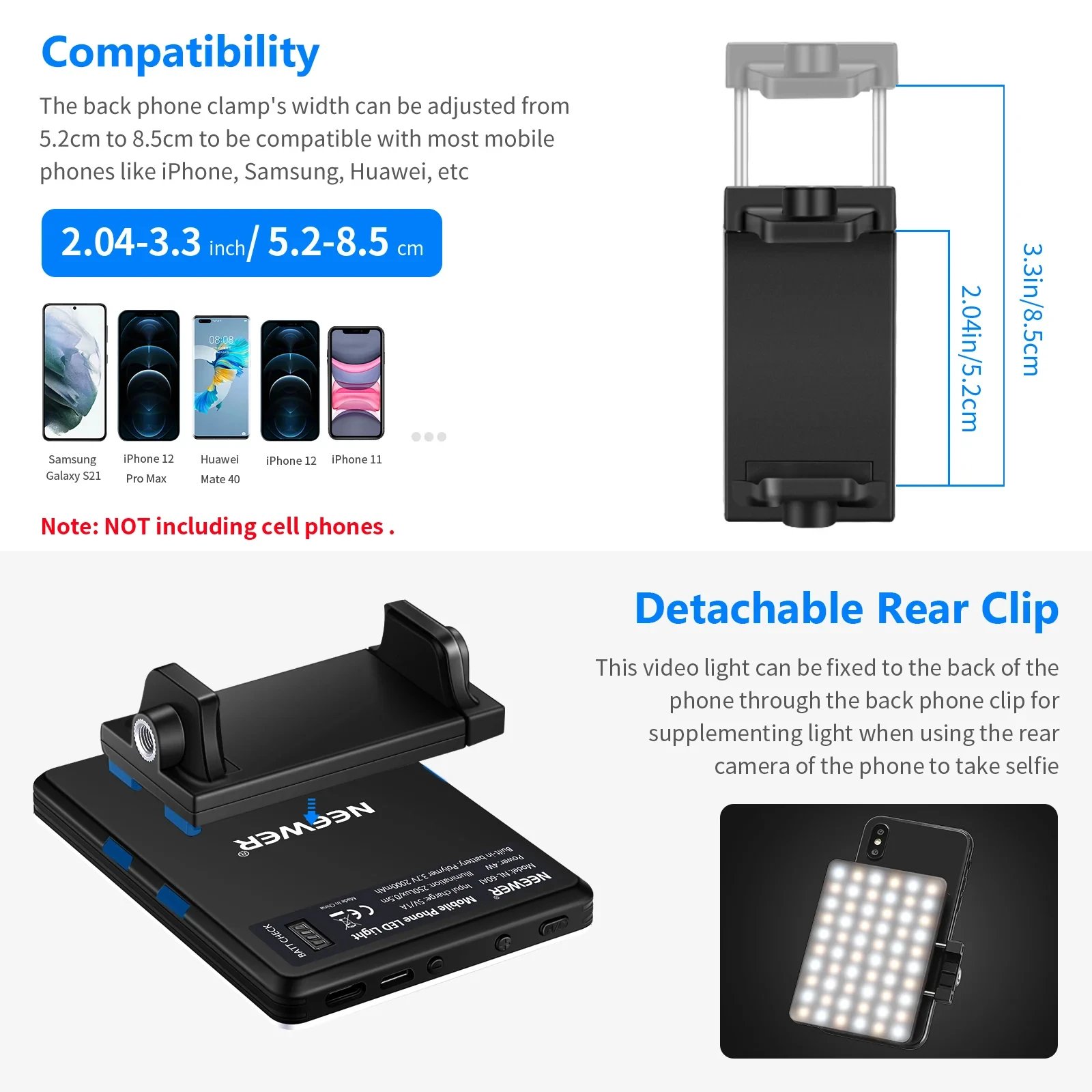 NEEWER NL-60AI LED 화상 회의 조명, 삼성 아이폰용 전면 및 후면 전화 클립 포함, 이중 색상 셀카 조명, 60LED, 2000mah