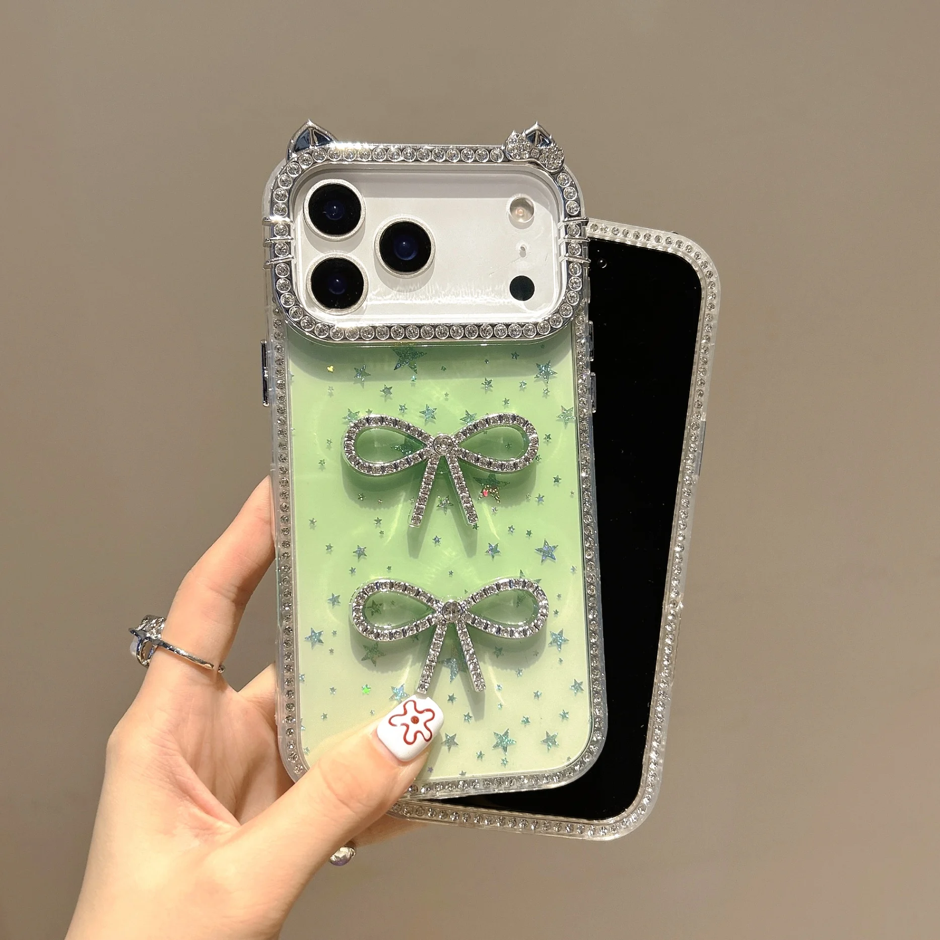 Cat Ears Epoxy Gypsy Flash Shiny Star Bow Phone Case with Diamonds