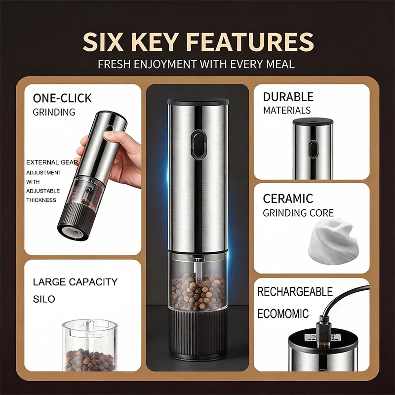 Macina sale e pepe elettrico automatico ricaricabile, saliera e pepiera con regolazione esterna della finezza, elettrodomestici da cucina_voghion.com