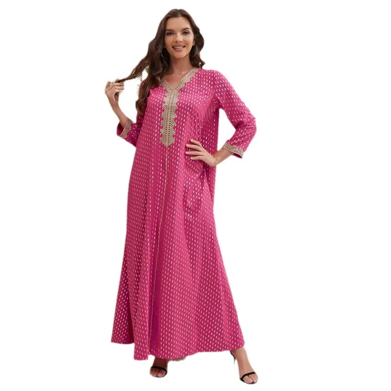 Abaya for Women Four Seasons Robe Pink Women's Fashion Lace Gold Plated Long Sleeve Dress Women's Large Indonesian Dress
