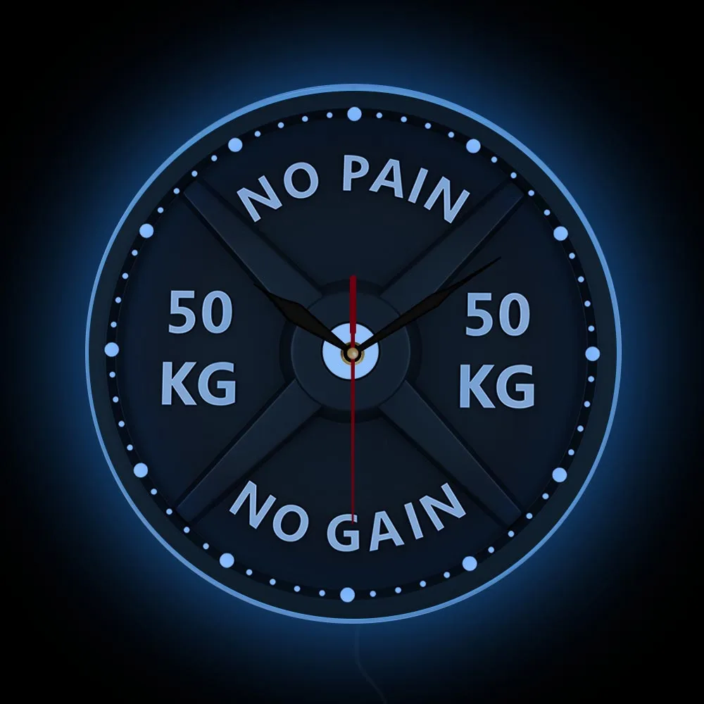 

NO PAIN NO GAIN 50KG Barbell LED Neon Light Wall Clock Bodybuilding Gym Decor Weight Lifting Workout Wall Watch Bodybuilder Gift