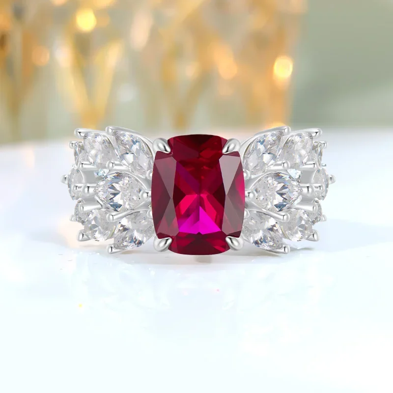 

Fashionable Luxury Versatile Artificial Red Treasure S925 Sterling Silver Ring Set with High Carbon Diamond Engagement Jewelry