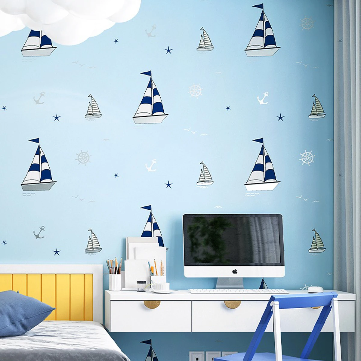 

Cartoon Sailboat Kids Wallpapers for Bedroom Boys, Blue Sea Stars Mural Wallpapers Home Decoration,Children Papel de Parede Y014