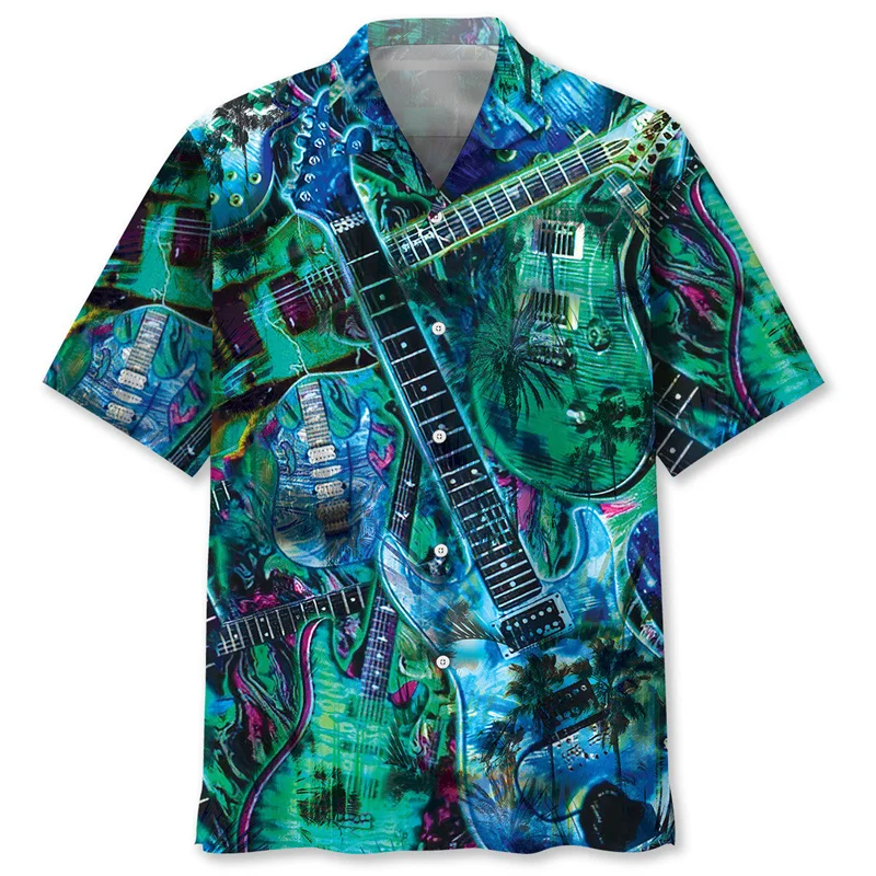 Camisa hawaiana con estampado 3D de guitarra colorida para hombre, blusa de verano de manga corta con estampado de instrumentos musicales y solapa con botones