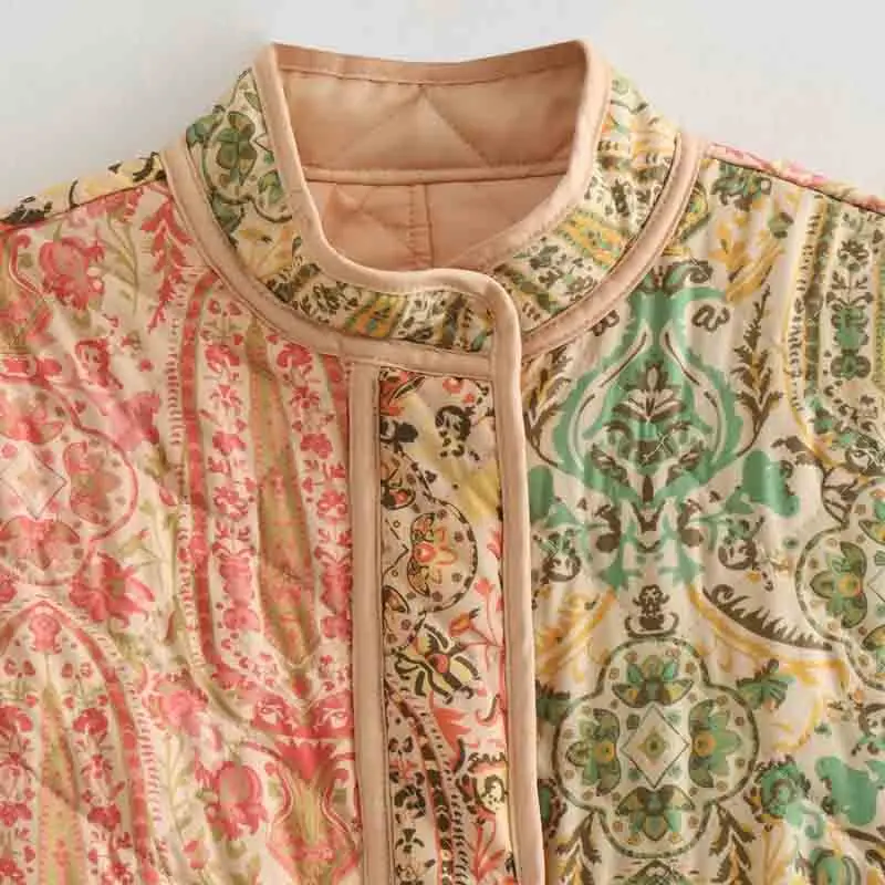 TRAF Print Woman\'s Quilted Jacket Vintage Padded Coat Woman Long Sleeve Winter Women\'s Cold Coat 2023 Streetwear Oversize Jacket