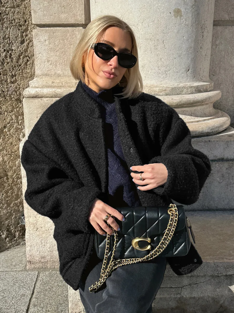 Bornladies Women's Autumn Winter Boucle Coat Loose Stand Collar Woolen Jacket Elegant Casual Outerwear