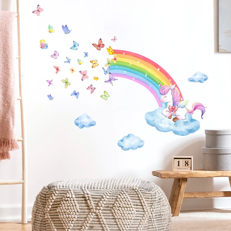 Wall Stickers Unicorn Rainbow Cloud and Butterfly Wall Sticker Background Wall Living Room Decoration