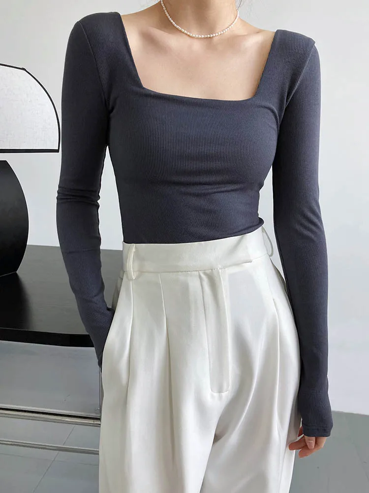 

Женская футболка с длинным рукавом и квадратным вырезом, облегающий короткий топ с открытой шеей и глубоким вырезом